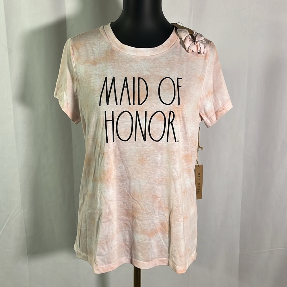 NWT Rae Dunn Pink Tie Dye Maid Of Honor Short Sleeve T-Shirt w/ Scrunchie